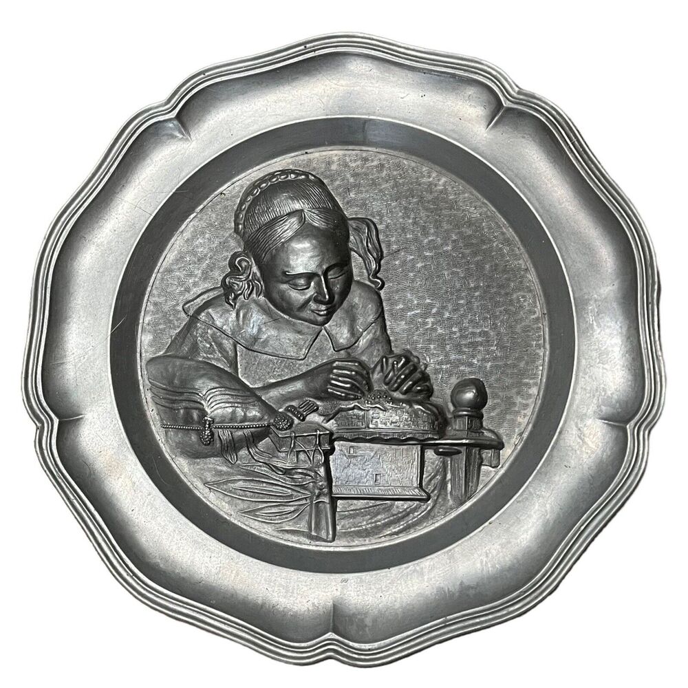 German Pewter Zinn Plate The Seamstress Wall Decor Hanging Marked Angel Horn
